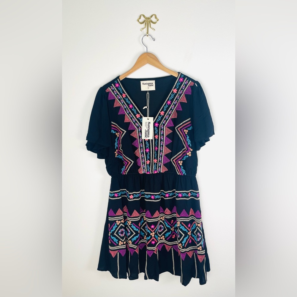Savannah Jane Black Aztec‎ Embroidered Mini Dress 1X Boho Country NEW